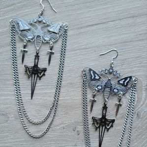 Moth earrings sterling silver ear hooks, big chain earrings, sword earrings